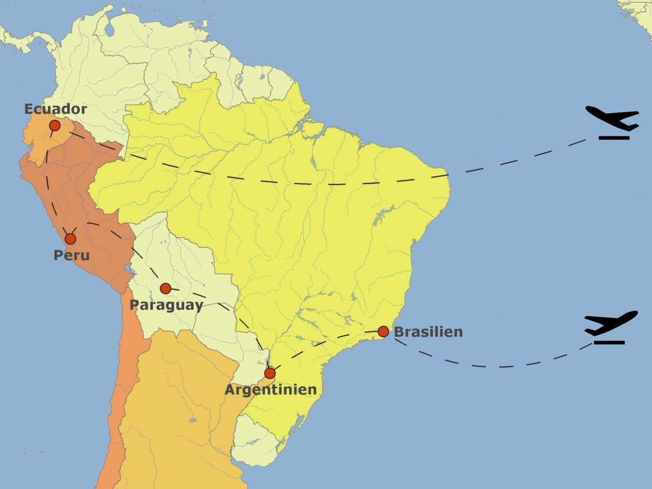 Eine Landkarte von Südamerika markiert den Routenverlauf einer Naturreise über Ecuador, Peru, Paraguay und Argentinien bis nach Brasilien.