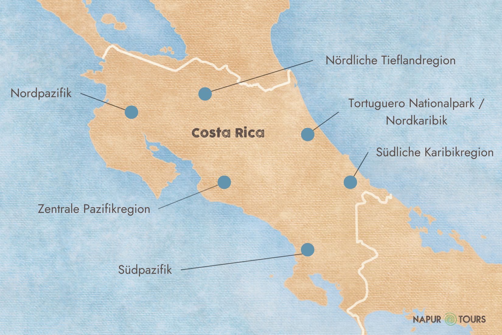 Eine grobe Karte ohne Feinheiten mit Markierungen zu den einzelnen Regionen in Costa Rica