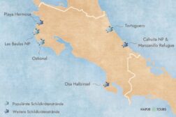 Eine Karte von Costa. Rica mit den Orten, an denen sich Schildkröten am besten beobachten lassen