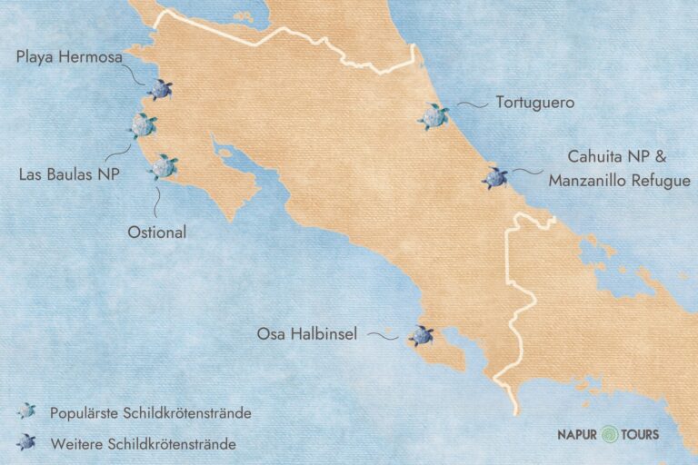 Eine Karte von Costa. Rica mit den Orten, an denen sich Schildkröten am besten beobachten lassen