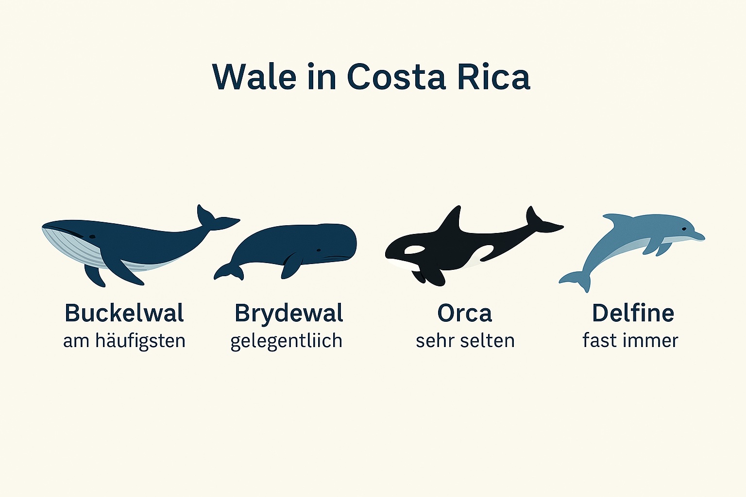 Das Bild zeigt die Wale, die man in Costa Rica bei einer Whale Watching Tour sehen kann: Buckelwale (am häufigsten), Brydewale (gelegentlich), Orca (sehr selten), Delfine (fast immer)
