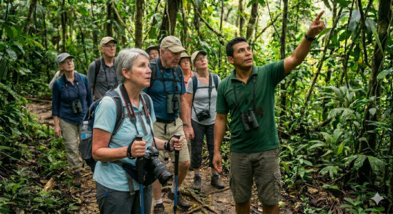 Reisegruppe mit Guide bei einer Wanderung durch den tropischen Regenwald in Costa Rica; die Teilnehmer beobachten die Natur und tragen Kameras sowie Ferngläser während der geführten Kleingruppenreise.