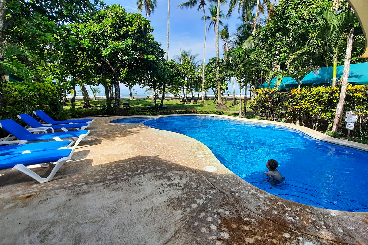 Pool der Aninga Lodge in Tortuguero, Costa Rica, umgeben von Palmen und tropischem Garten mit Blick auf den Strand – eine Unterkunft für Natur- und Karibikreisen.