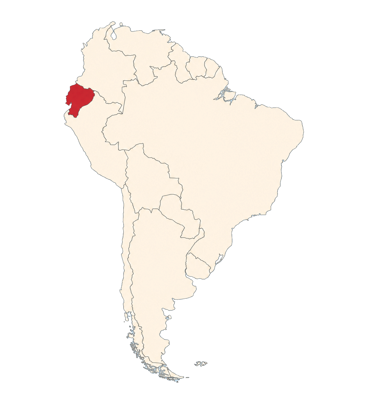 Eine Karte von Südamerika. Rot markiert an der Pazifikküste gelegen: Ecuador