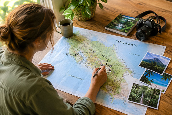 Eine Frau sitzt über einer Costa Rica Karte und plant eine Rundreise.
