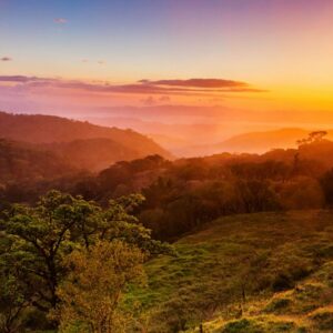 Blick über die bewaldeten Hügel und Täler des Nebelwaldgebiets Monteverde in Costa Rica während eines farbenprächtigen Sonnenuntergangs.