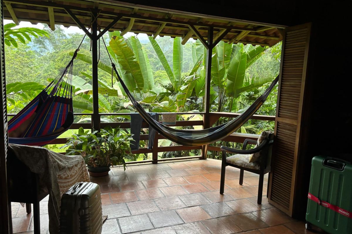 Überdachte Terrasse einer Lodge mit Hängematten, Sitzgelegenheiten und Reisegepäck mit Blick auf dichte tropische Pflanzen während einer Costa Rica Rundreise.