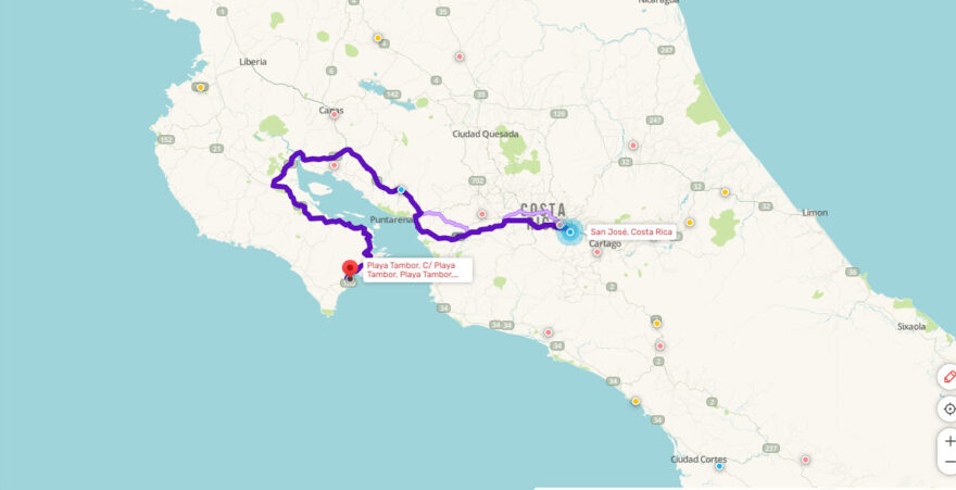 Eine Landkarte von Costa Rica mit einer eingezeichneten Wegbeschreibung